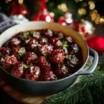 Delicious Christmas meatballs on a festive platter with unique sauces and holiday garnishes, perfect for easy holiday appetizers.