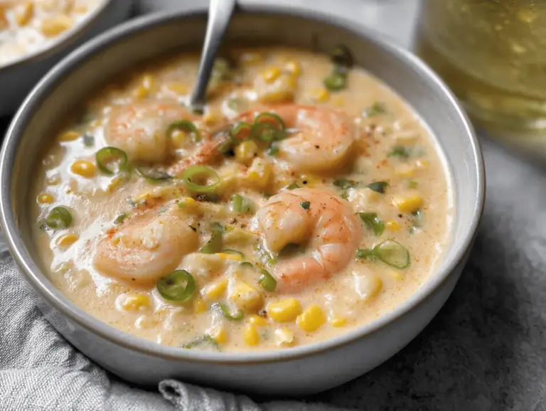 Delicious creamy shrimp and corn soup in a bowl with garlic bread, perfect for a comforting dinner.
