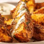 Crispy seasoned baked potato wedges on a wooden platter with garlic aioli dipping sauce.