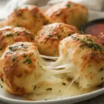 Deliciously gooey Garlic Butter Cheese Bombs made with Pillsbury biscuits, served with marinara sauce for dipping.