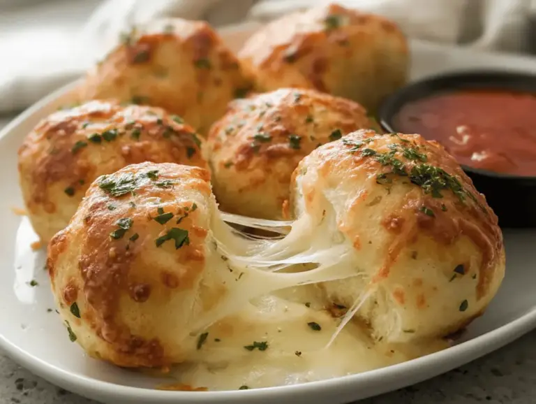 Deliciously gooey Garlic Butter Cheese Bombs made with Pillsbury biscuits, served with marinara sauce for dipping.