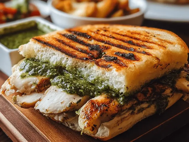 Delicious grilled chicken pesto sandwich with fresh basil and sweet potato fries on a wooden table, perfect for summer lunch.