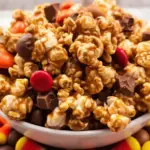 Delicious Harvest Caramel Corn recipe topped with caramel drizzle and seasonal decorations for Thanksgiving.