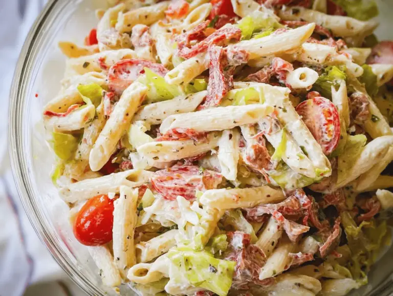 Delicious Italian Grinder Pasta Salad with rotini, bell peppers, olives, and creamy dressing, perfect for summer gatherings.