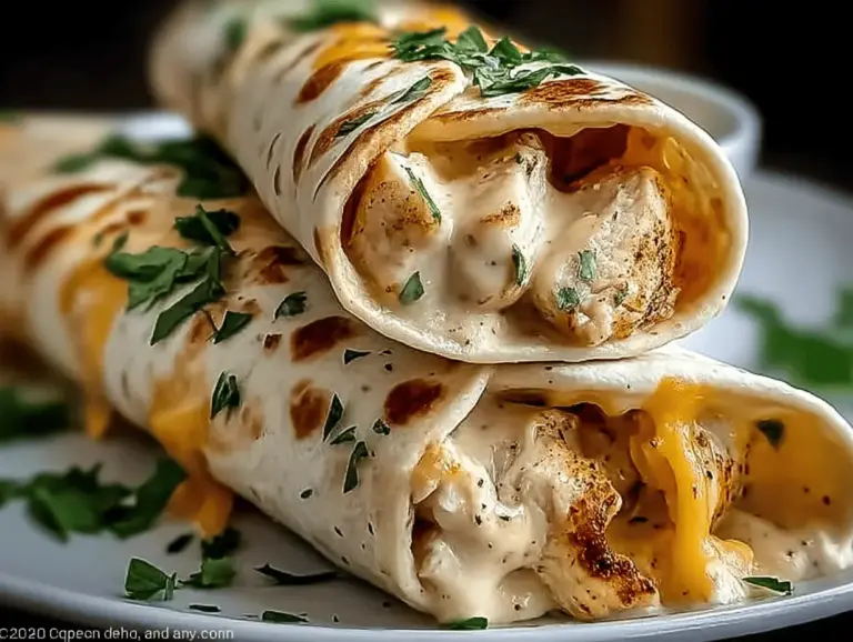 Delicious cheesy garlic chicken wraps with fresh herbs on a wooden board, perfect for a quick lunch or dinner.