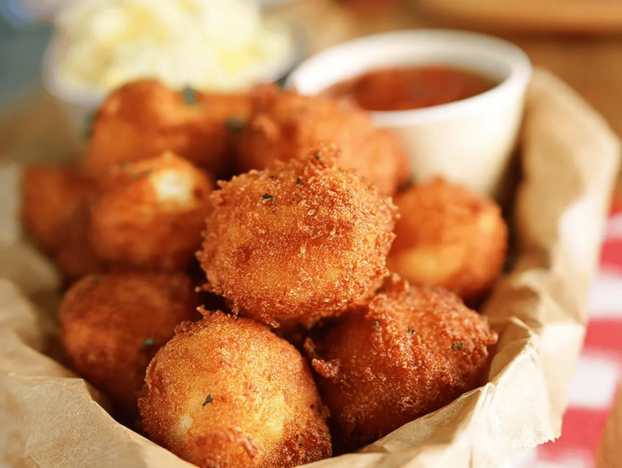 Crispy Sweet Onion Hush Puppies served with dipping sauce, perfect for summer cookouts.