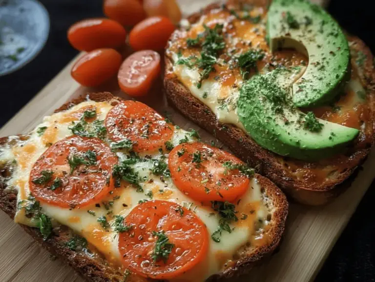 Easy Tomato Avocado Melt sandwich with fresh tomatoes and avocados on toasted bread, served with a side salad for a healthy snack.