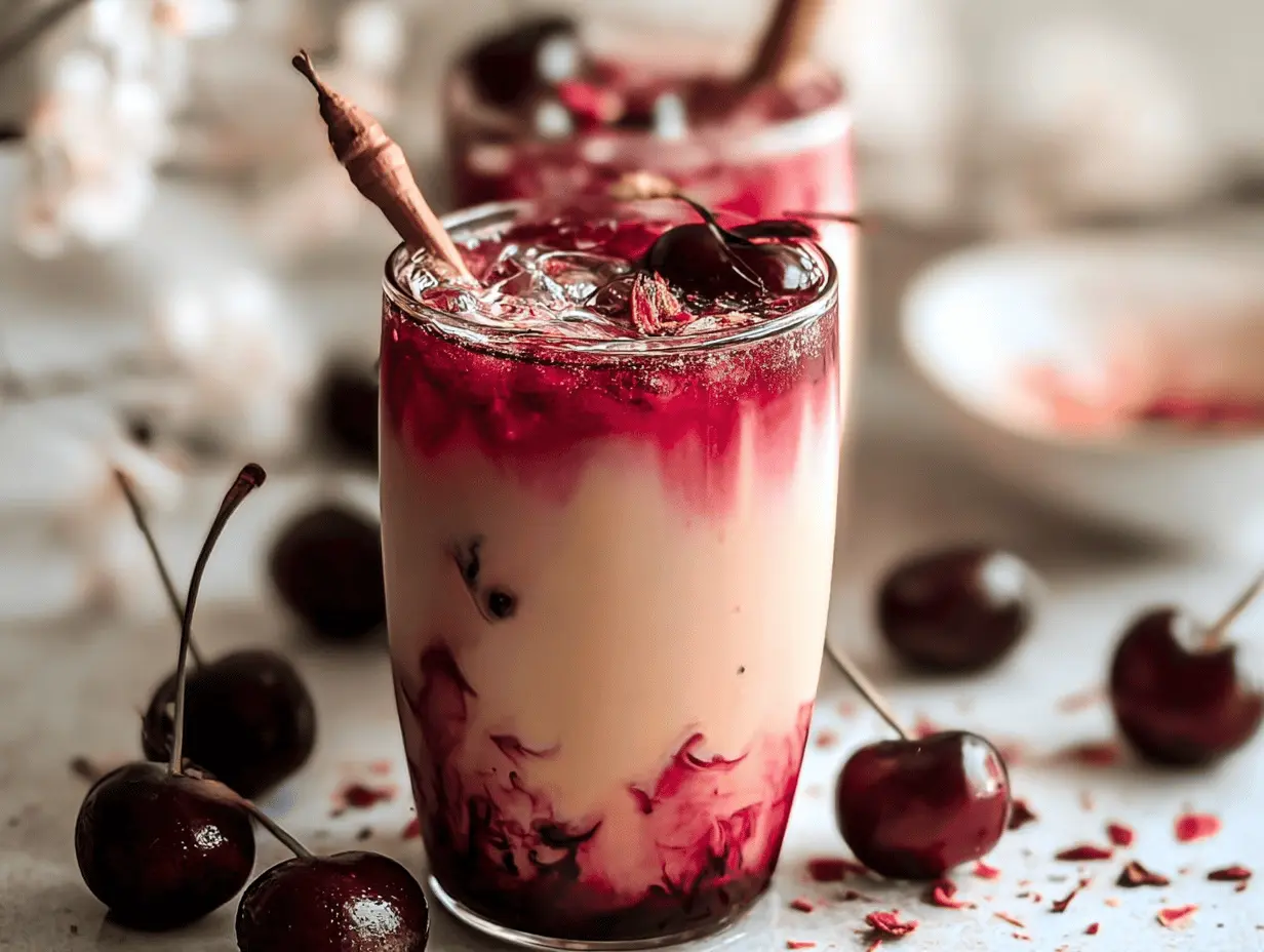 Iced Cherry Earl Grey Milk Tea with fresh cherries and mint in a clear glass on a wooden table.