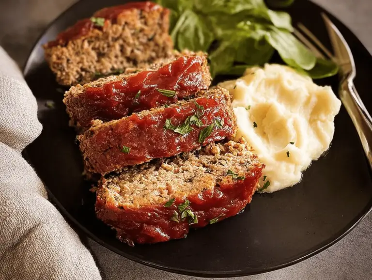 Delicious old fashioned meatloaf slice served with creamy mashed potatoes and green beans, perfect comfort food dish.