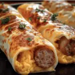 Irresistible sausage egg and cheese breakfast roll-ups on a plate, perfect for busy mornings.