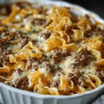 Delicious Sour Cream Beef Noodle Casserole topped with melted cheese, perfect for family dinners.